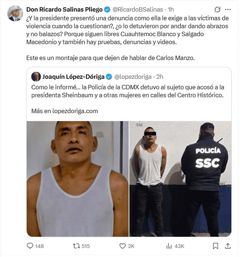 “Montaje para distraer del asesinato de Manzo”: Salinas Pliego sobre acoso a Sheinbaum