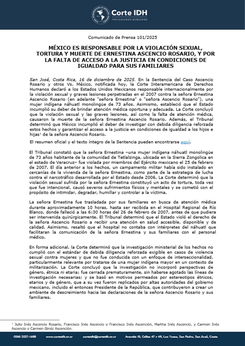 Corte IDH responsabiliza a México por violación, tortura y muerte de Ernestina Ascencio