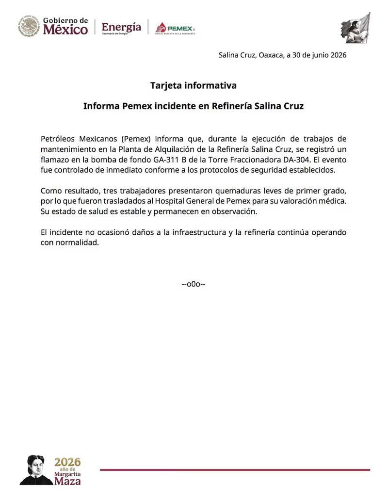 Flamazo en refinería de Pemex en Salina Cruz deja tres trabajadores lesionados