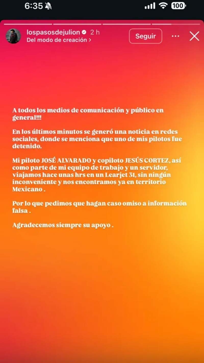 Julión Álvarez aclara confusión tras detención de supuesto piloto en Honduras