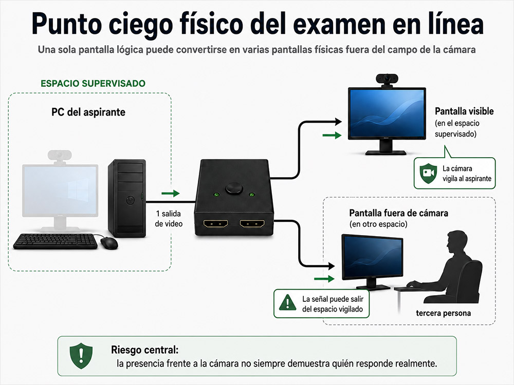 Una persona frente a la cámara y otra frente al examen con un divisor HDMI