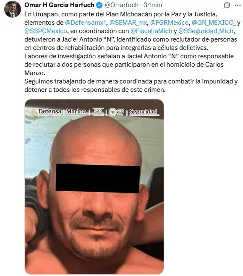 Reclutaba sicarios en anexos: así cayó “El Pelón”, implicado en el asesinato de Carlos Manzo