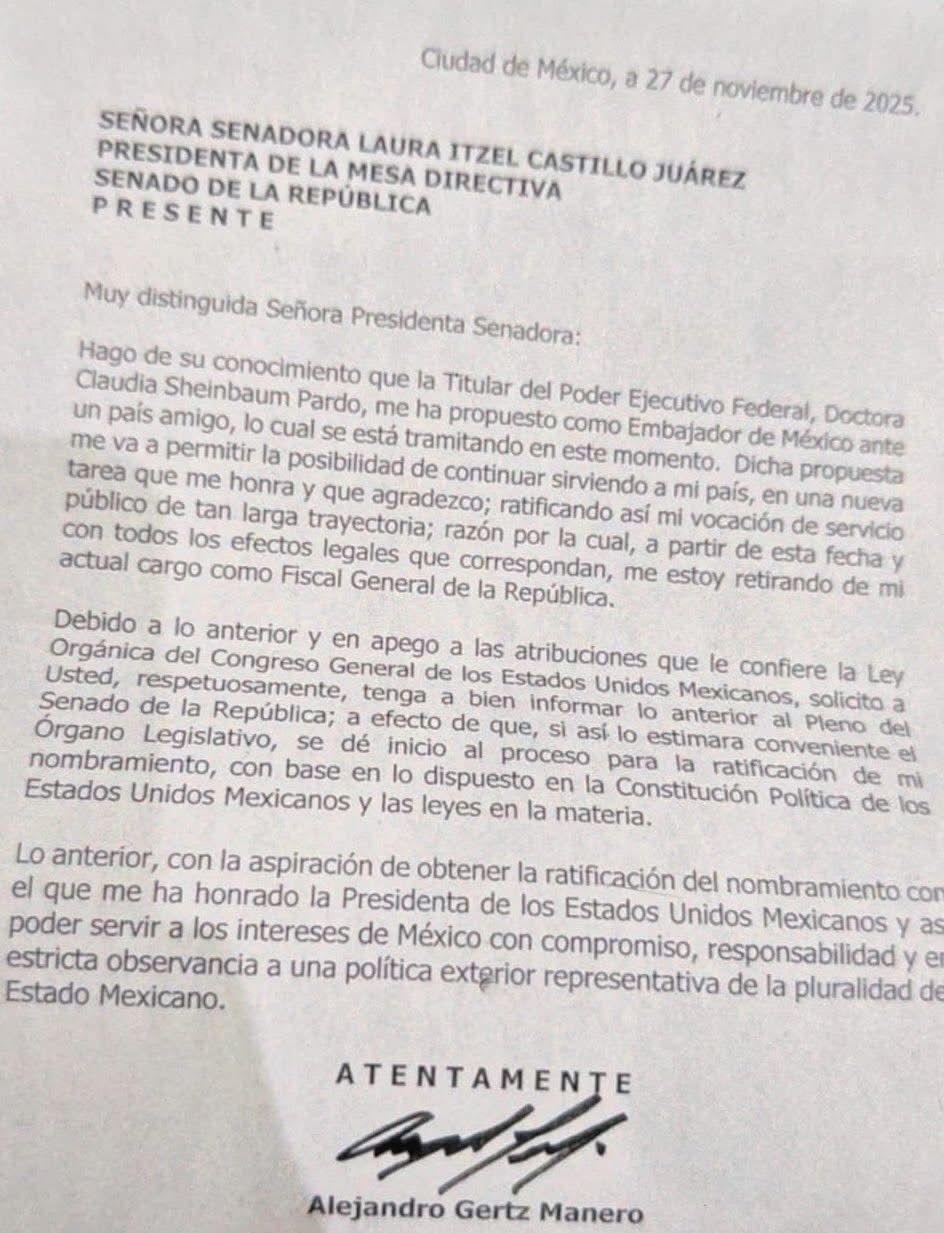Alejandro Gertz Manero presenta su renuncia a la FGR