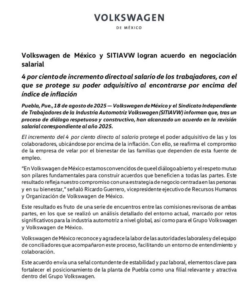 Volkswagen México y SITIAVW acuerdan aumento salarial del 4% para 2025