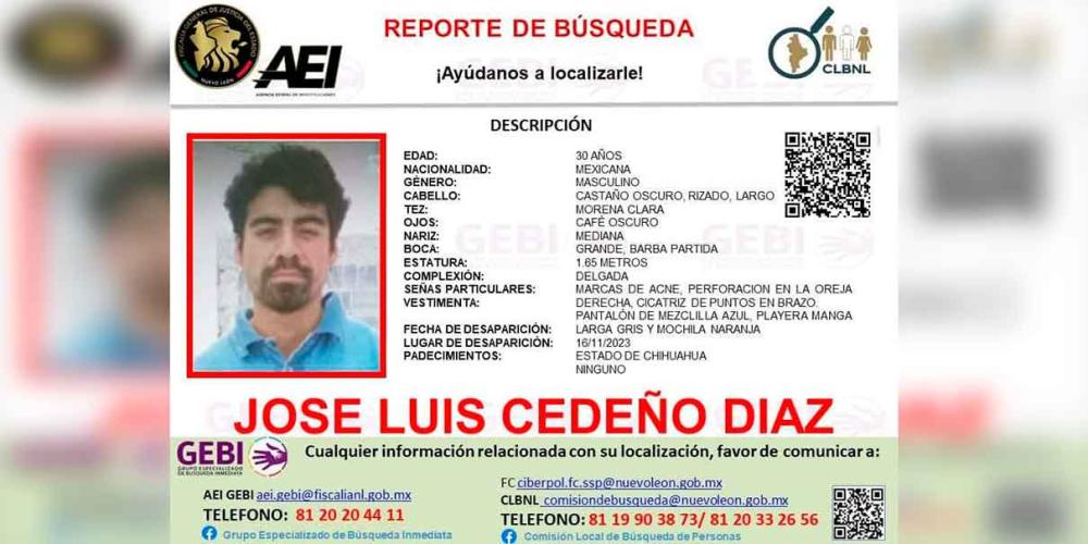 Se pide apoyo para localizar a José Luis Cedeño desaparecido en Chihuahua