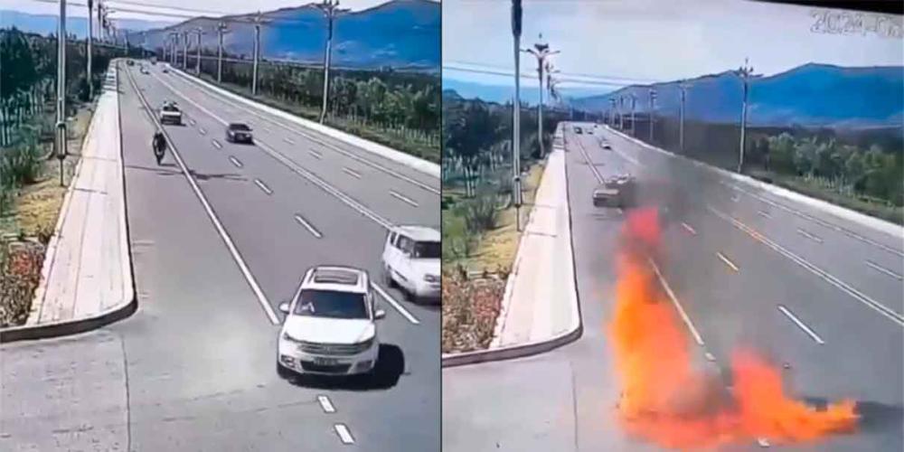 VIDEO. Motociclista se incendia y muere tras impactar con camioneta en carretera