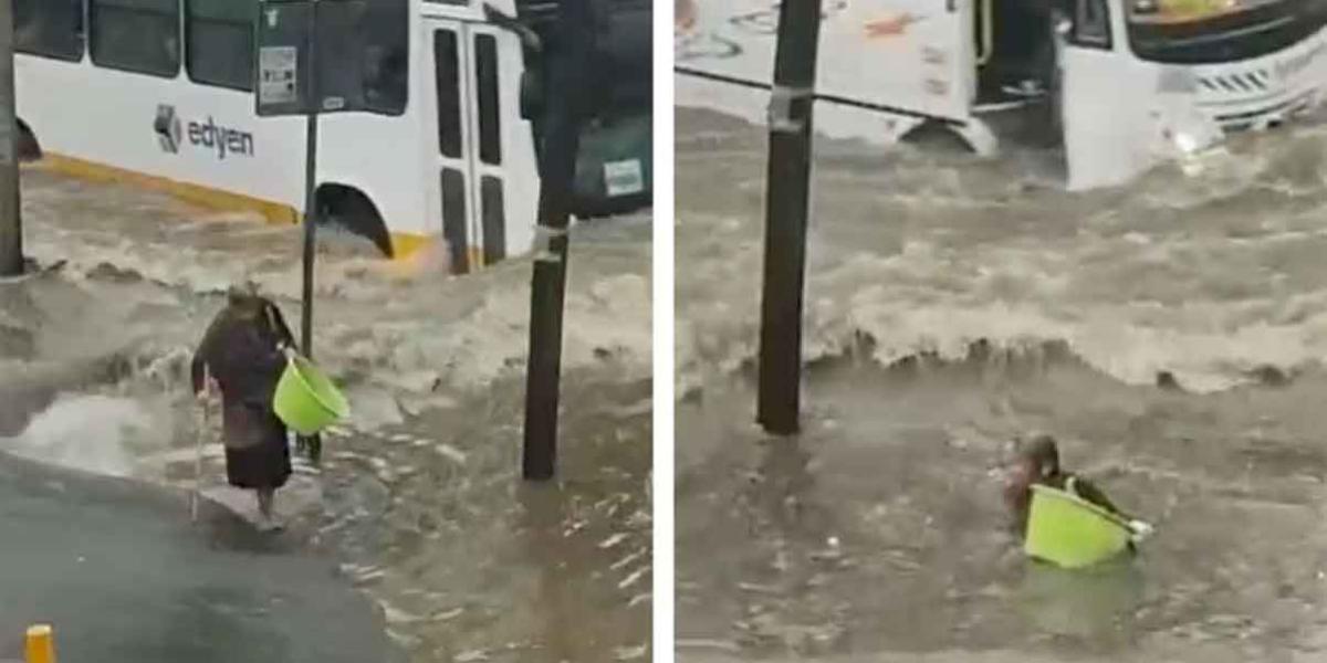 Viejita es arrastrada por fuerte inundación en el Edomex 